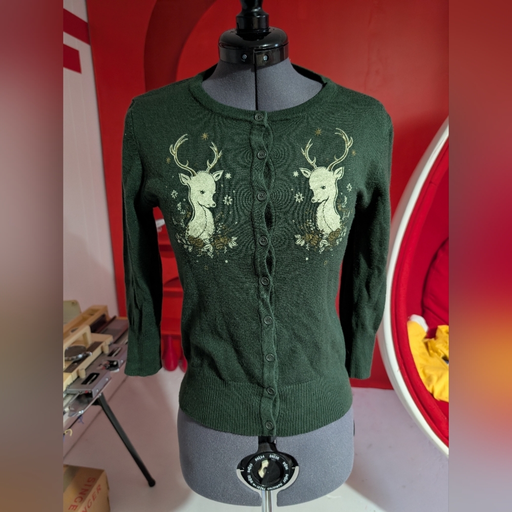 Green Deer Print Women's Retro Sweater By Mischief Made